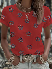 Women's British imitation diamond hot-drilling Printed Iron On Short Sleeve T-Shirt