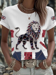 Women's British imitation diamond hot-drilling Printed Iron On Short Sleeve T-Shirt