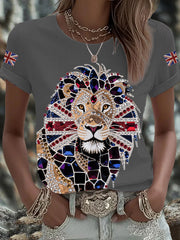 Women's British imitation diamond hot-drilling Printed Iron On Short Sleeve T-Shirt