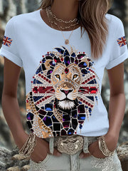 Women's British imitation diamond hot-drilling Printed Iron On Short Sleeve T-Shirt