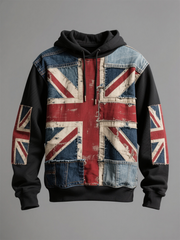 Unisex Union Jack and patchwork printed Drop-Shoulder Hoodie (No Pockets)