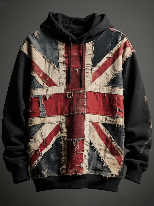 Unisex Union Jack and patchwork printed Drop-Shoulder Hoodie (No Pockets)