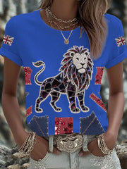 Women's British imitation diamond hot-drilling Printed Iron On Short Sleeve T-Shirt