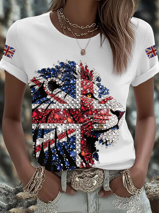 Women's British imitation diamond hot-drilling Printed Iron On Short Sleeve T-Shirt