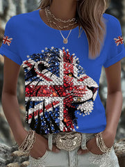 Women's British imitation diamond hot-drilling Printed Iron On Short Sleeve T-Shirt
