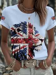 Women's British imitation diamond hot-drilling Printed Iron On Short Sleeve T-Shirt