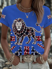 Women's British imitation diamond hot-drilling Printed Iron On Short Sleeve T-Shirt