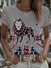 Women's British imitation diamond hot-drilling Printed Iron On Short Sleeve T-Shirt