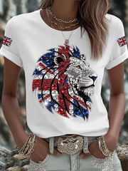 Women's British imitation diamond hot-drilling Printed Iron On Short Sleeve T-Shirt