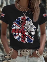 Women's British imitation diamond hot-drilling Printed Iron On Short Sleeve T-Shirt