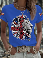 Women's British imitation diamond hot-drilling Printed Iron On Short Sleeve T-Shirt