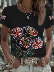 Women's British imitation diamond hot-drilling Printed Iron On Short Sleeve T-Shirt