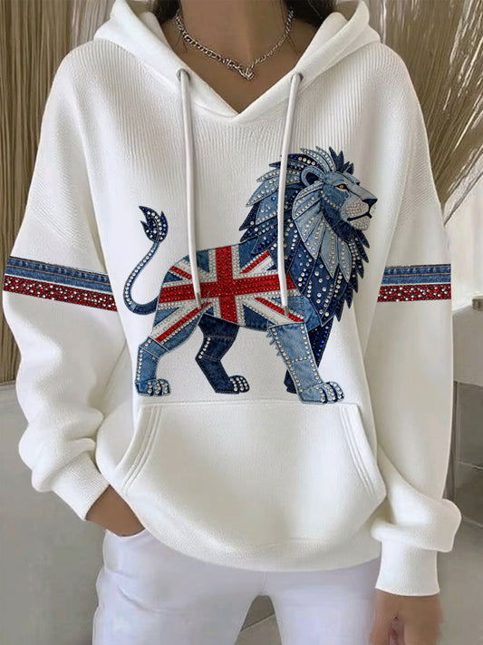 Women's British style imitation denim rhinestone hot-drill Print Casual Hoodie