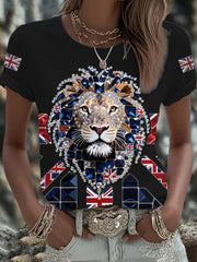 Women's British imitation diamond hot-drilling Printed Iron On Short Sleeve T-Shirt