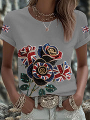 Women's British imitation diamond hot-drilling Printed Iron On Short Sleeve T-Shirt