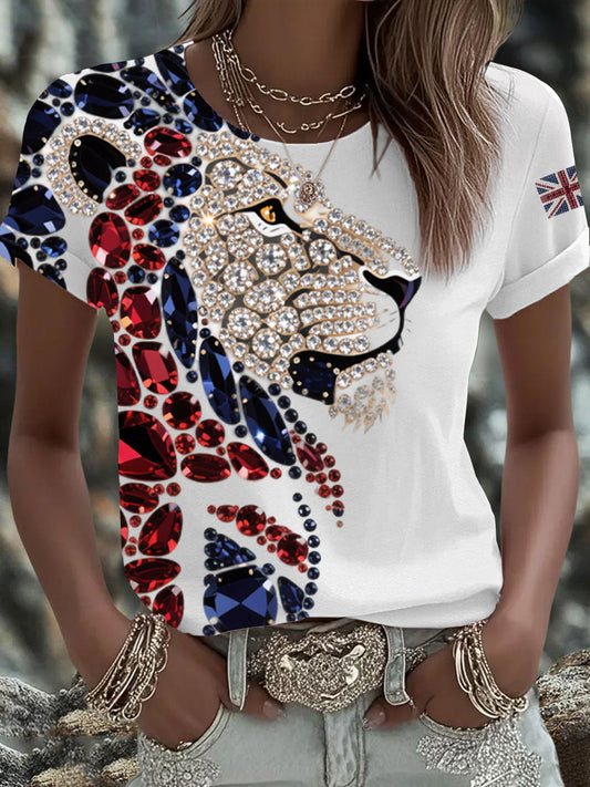 Women's British imitation diamond hot-drilling Printed Iron On Short Sleeve T-Shirt