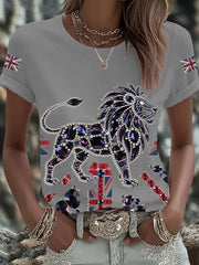 Women's British imitation diamond hot-drilling Printed Iron On Short Sleeve T-Shirt
