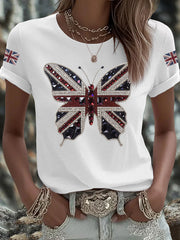 Women's British imitation diamond hot-drilling Printed Iron On Short Sleeve T-Shirt