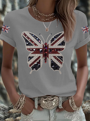 Women's British imitation diamond hot-drilling Printed Iron On Short Sleeve T-Shirt