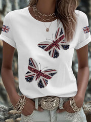 Women's British imitation diamond hot-drilling Printed Iron On Short Sleeve T-Shirt