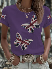 Women's British imitation diamond hot-drilling Printed Iron On Short Sleeve T-Shirt