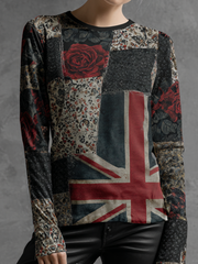 Women's  English Patchwork Rose Printed Tops