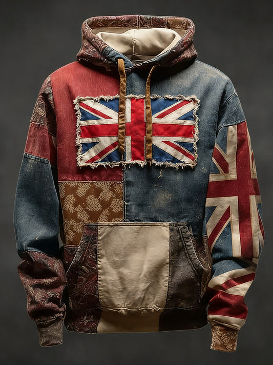 Men's Vintage England Flag Patchwork Printed Hoodie