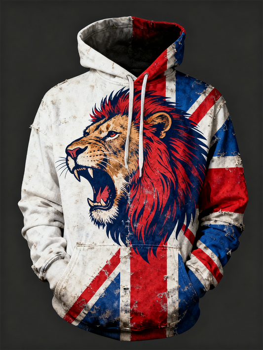 Men's  British lion combined with retro old style Printed Oversized Drop-Shoulder Hoodie with Pockets