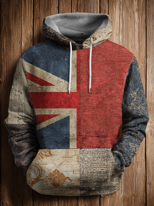 Men's British Flag Patchwork Printed Oversized Drop-Shoulder Hoodie with Pockets