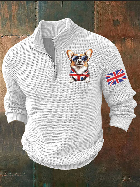 Men's Vintage England Flag Dog Printed Sweater