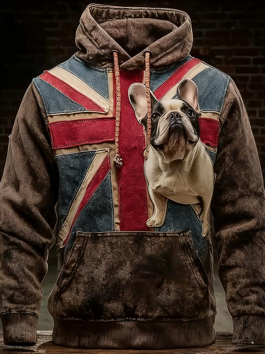 Men's Vintage England Flag French Bulldog Printed Hoodie