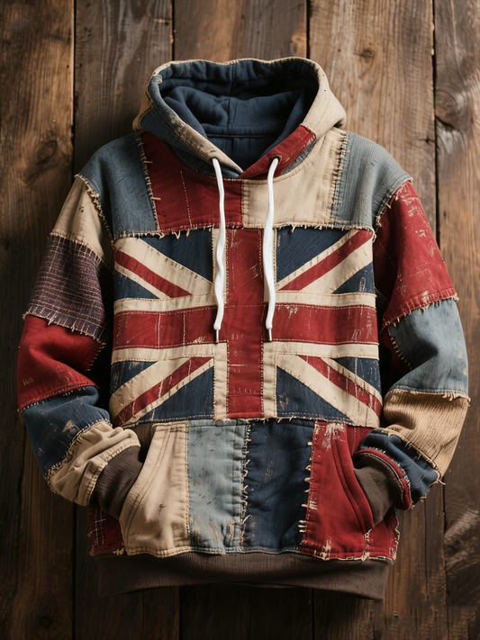 Unisex Union Jack and patchwork style Printed Oversized Drop-Shoulder Hoodie with Pockets