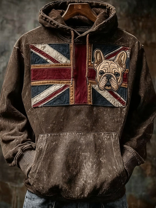 Men's Vintage England Flag French Bulldog Printed Hoodie