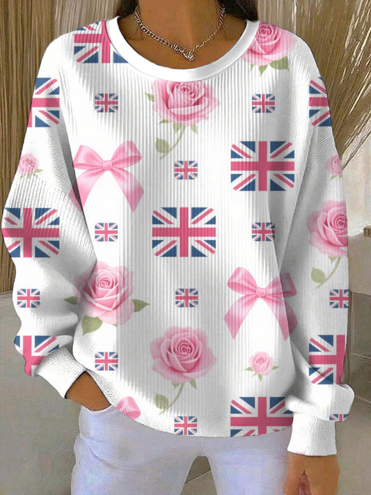 Women's British Rose Printed Ribbed Round-Neck Sweatshirt