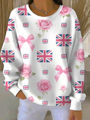 Women's British Rose Printed Ribbed Round-Neck Sweatshirt