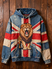 Men's Vintage England Flag Lion Oversized Drop-Shoulder Hoodie with Pockets