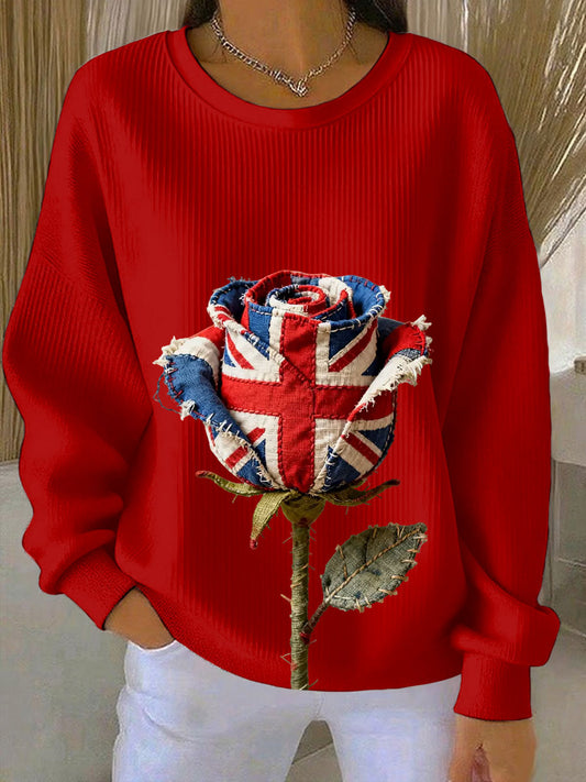 Women's british patchwork Rose Printed Ribbed Round-Neck Sweatshirt