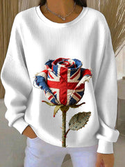 Women's british patchwork Rose Printed Ribbed Round-Neck Sweatshirt