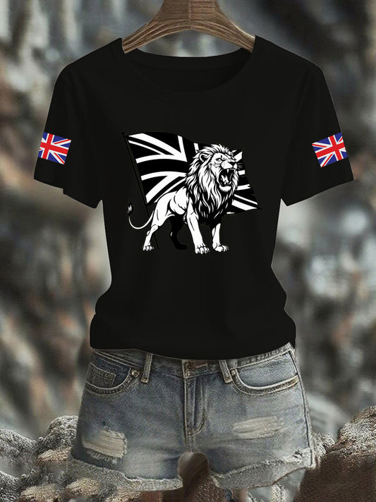 Women's Vintage England Flag Lion Printed T-shirt