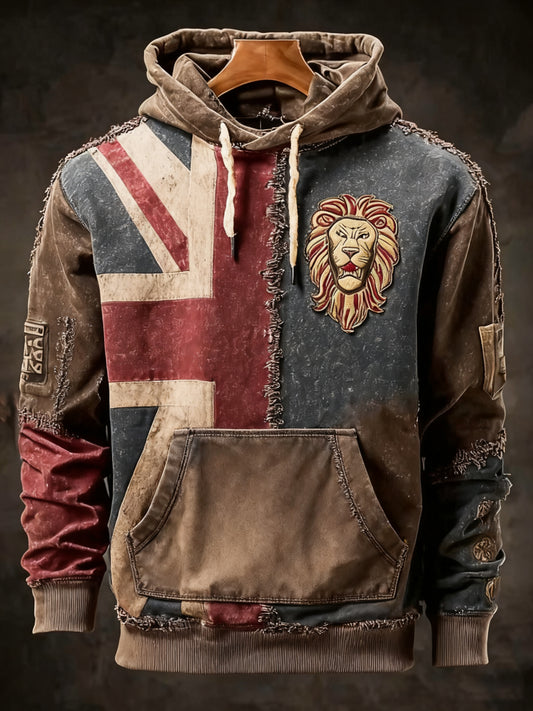 Men's Vintage England Flag Lion Printed Hoodie