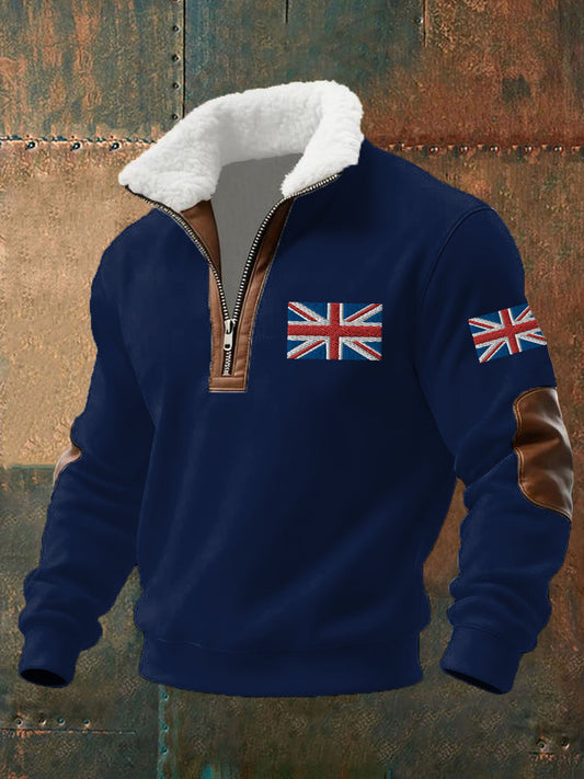Men's UK Flag Print Fur Collar Zipper Sweatshirt