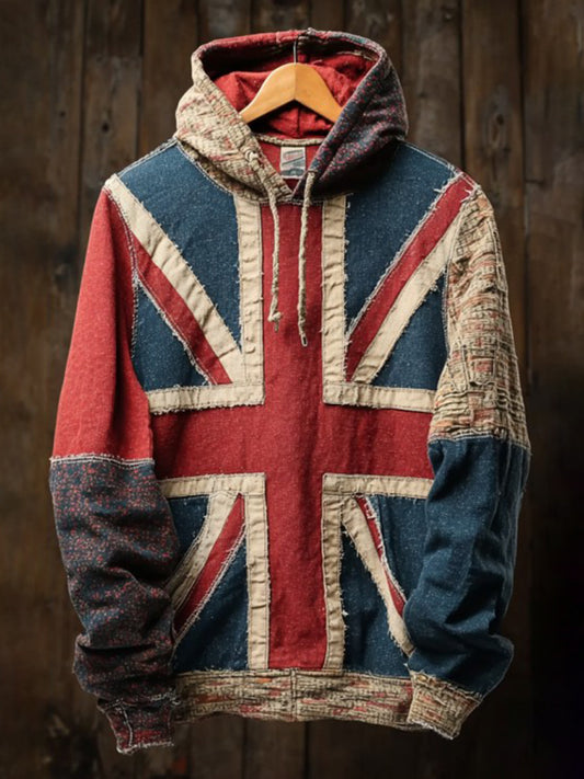 Men's Vintage England Flag Patchwork Printed Hoodie