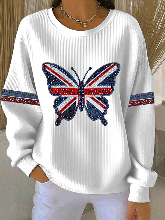 Women's British style imitation denim rhinestone hot-drill Print Casual Sweatshirt