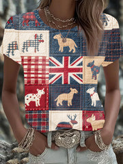 Women's British patchwork Printed short-sleeved T-shirt
