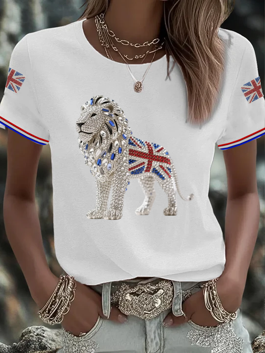 Women's British imitation diamond hot-drilling Printed short-sleeved T-shirt