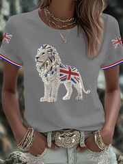 Women's British imitation diamond hot-drilling Printed short-sleeved T-shirt