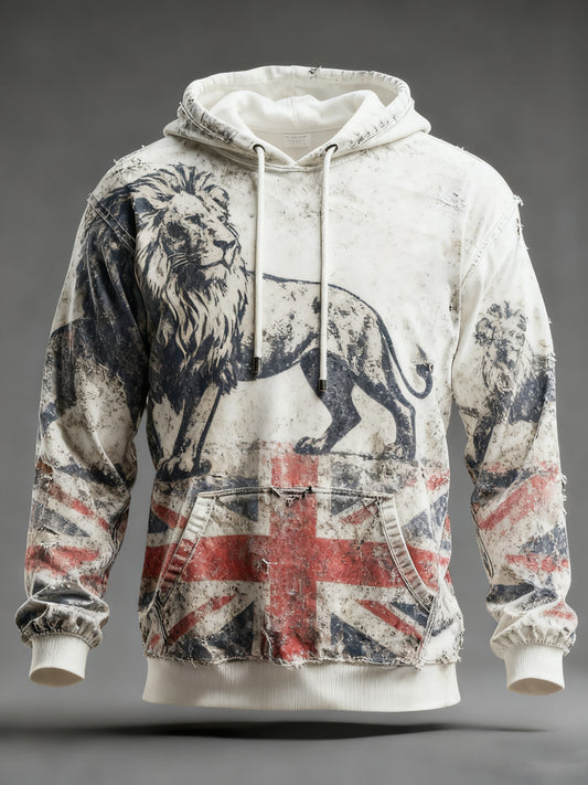 Men's Vintage England Flag Lion Printed Hoodie