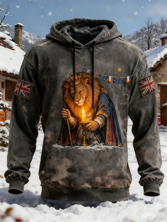 Men's Vintage British Lion Christmas Oversized Drop-Shoulder Hoodie with Pockets