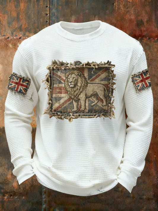 Men's Vintage England Flag Lion Printed Waffle Long Sleeve T-Shirt