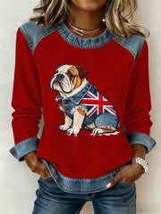 Women's British Style Bulldog Flowers Print Waffle Sweatshirt